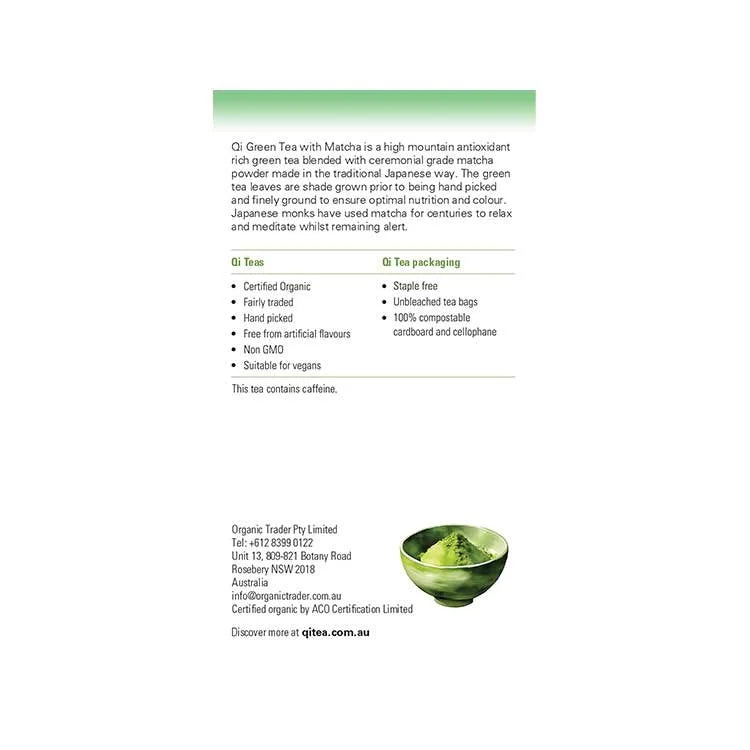 Qi Organic Green Tea & Matcha 25 Bags back packaging 