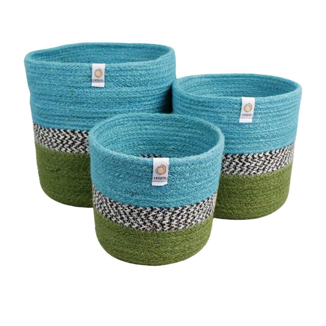 ReSpiin Jute ZigZag Basket Set Ocean — set of 3 handwoven nesting baskets