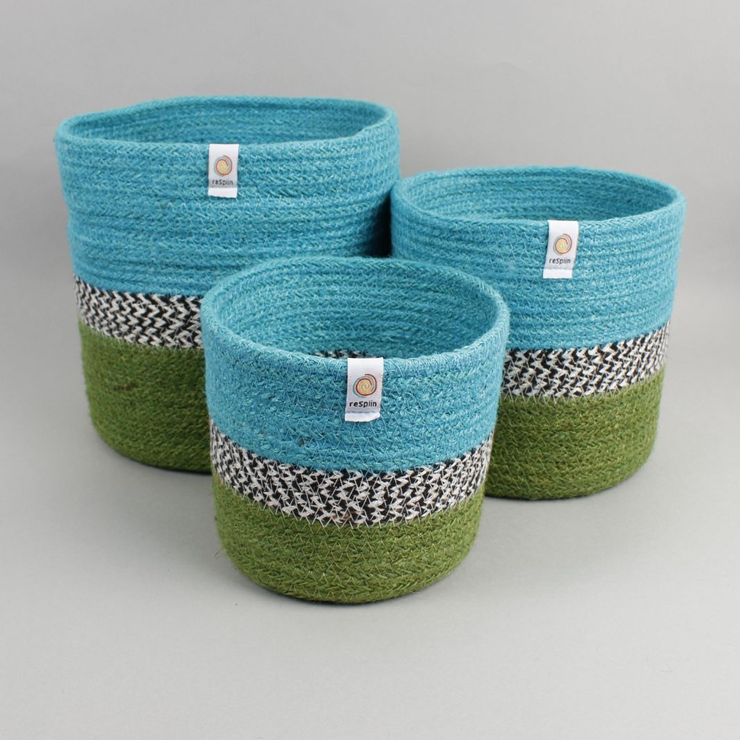 ReSpiin Jute ZigZag Basket Set Ocean — nested view