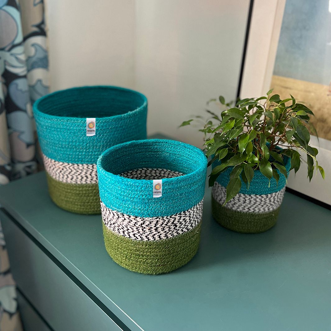 ReSpiin Jute ZigZag Basket Set Ocean — detail zigzag pattern
