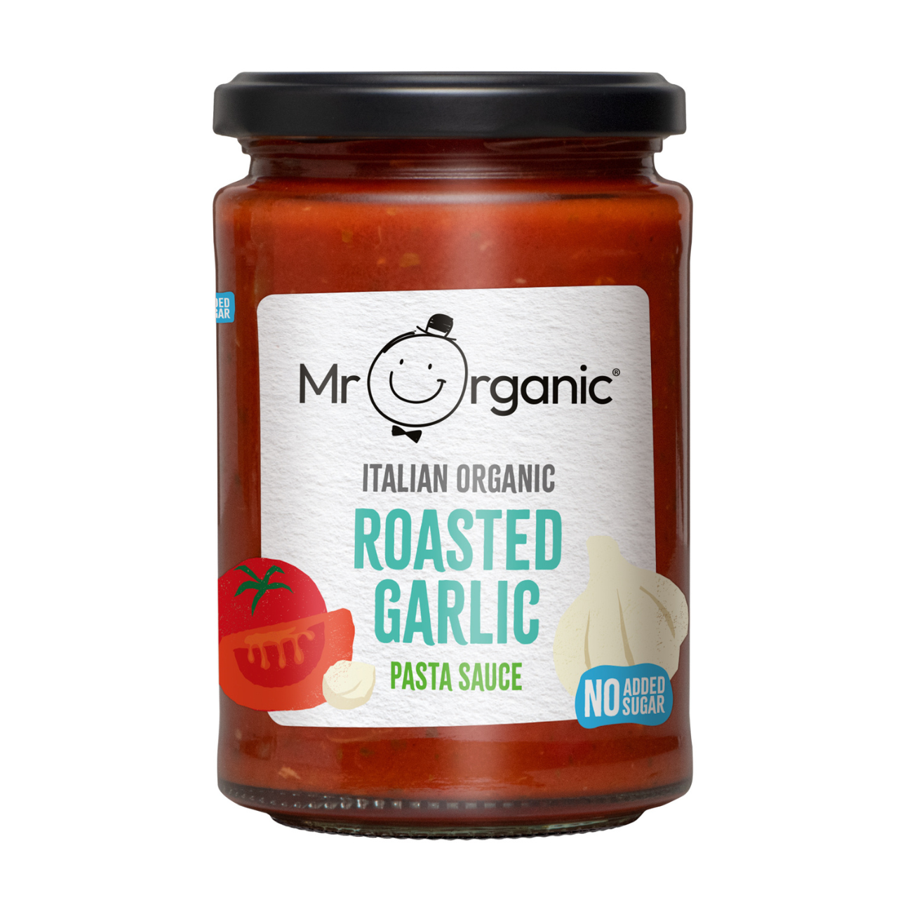 Mr Organic Roasted Garlic No Added Sugar Pasta Sauce 350g front packaging