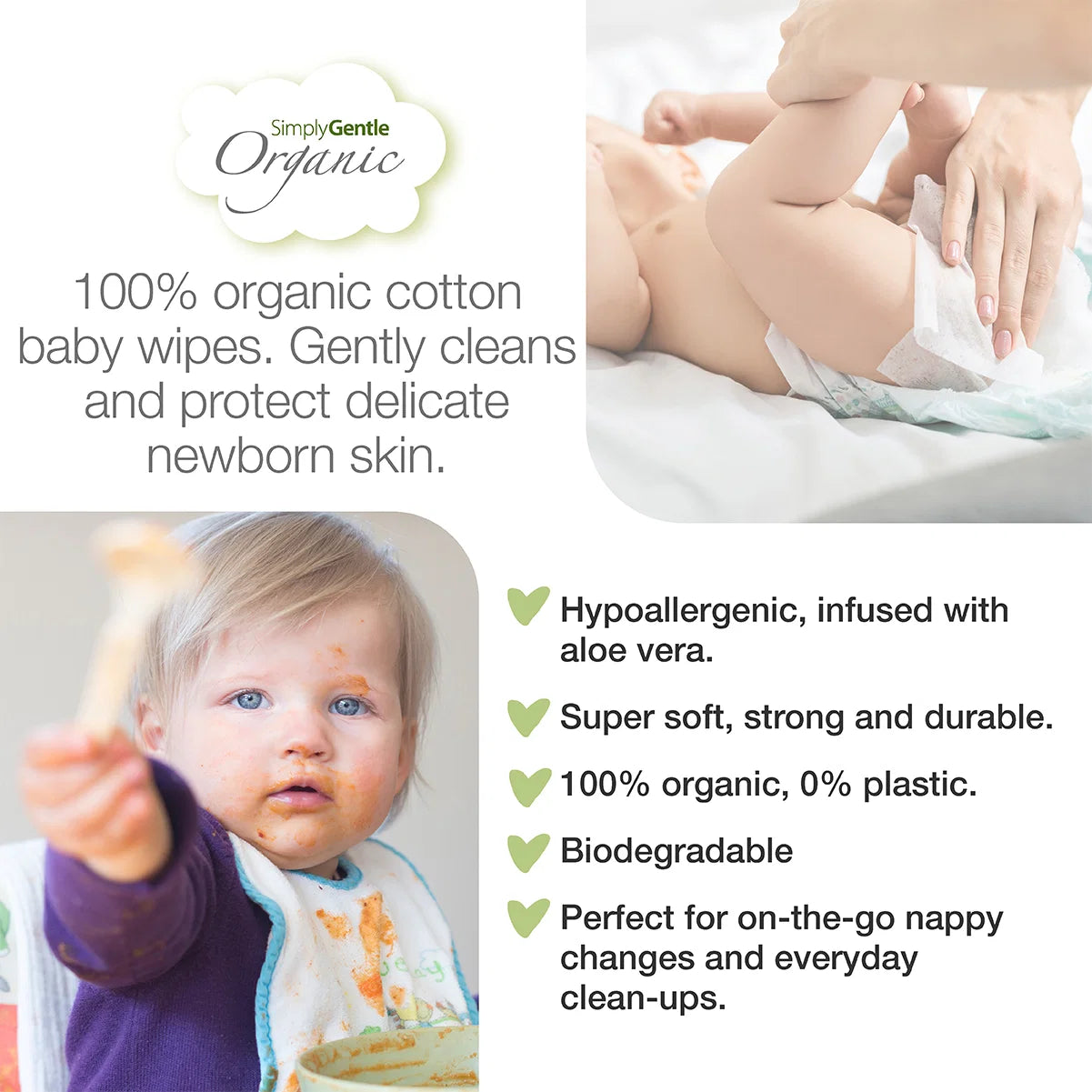 Simply Gentle Organic Baby Wipes 52's 100% Organic