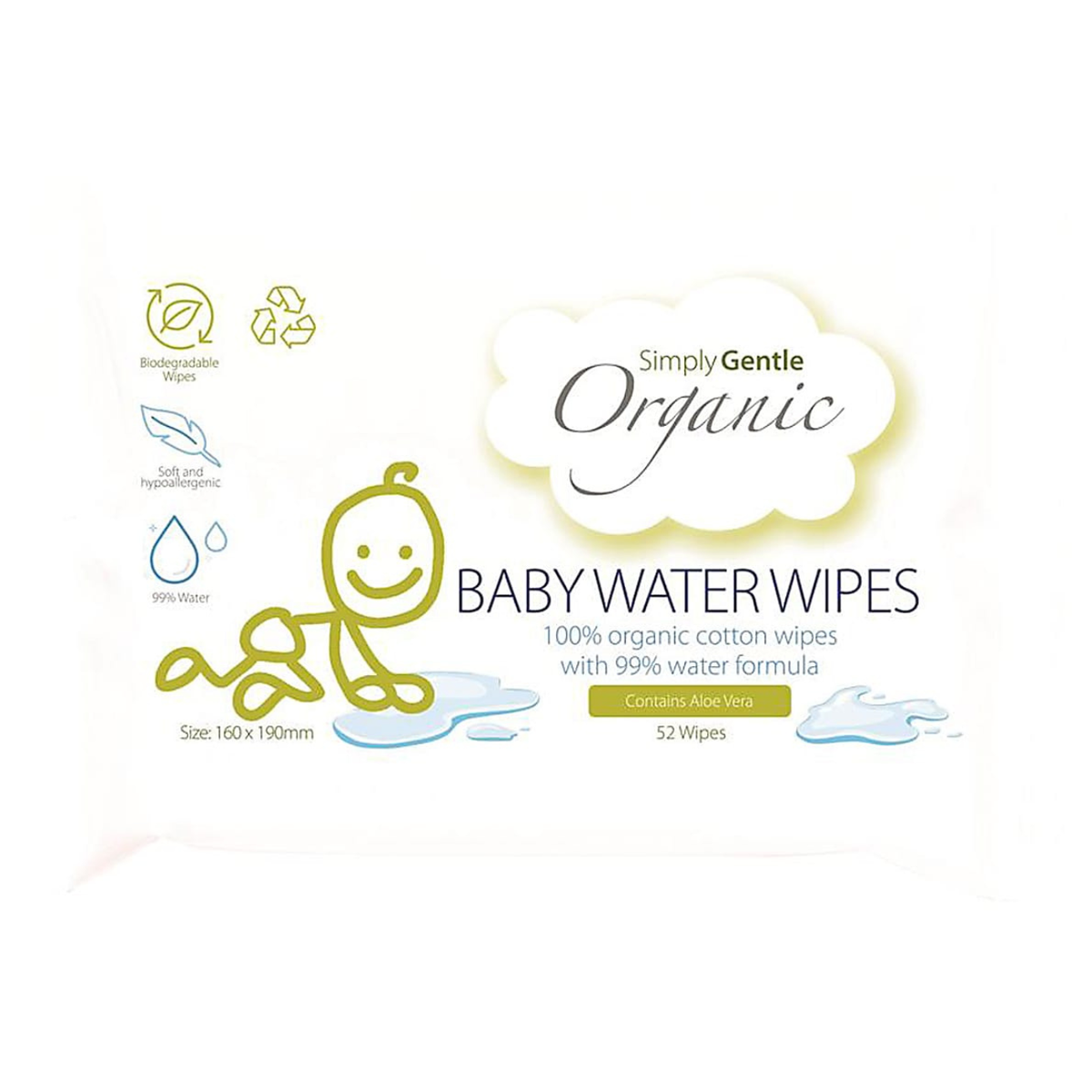 Simply Gentle Organic Baby Wipes 52's front packaging