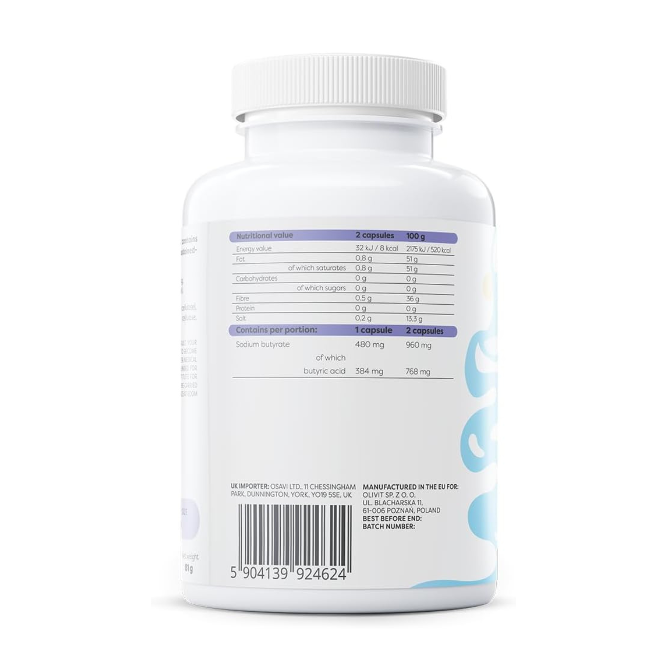 Osavi Sodium Butyrate SR 960mg 120 Capsules — sustained-release gut health supplement side 2 packaging