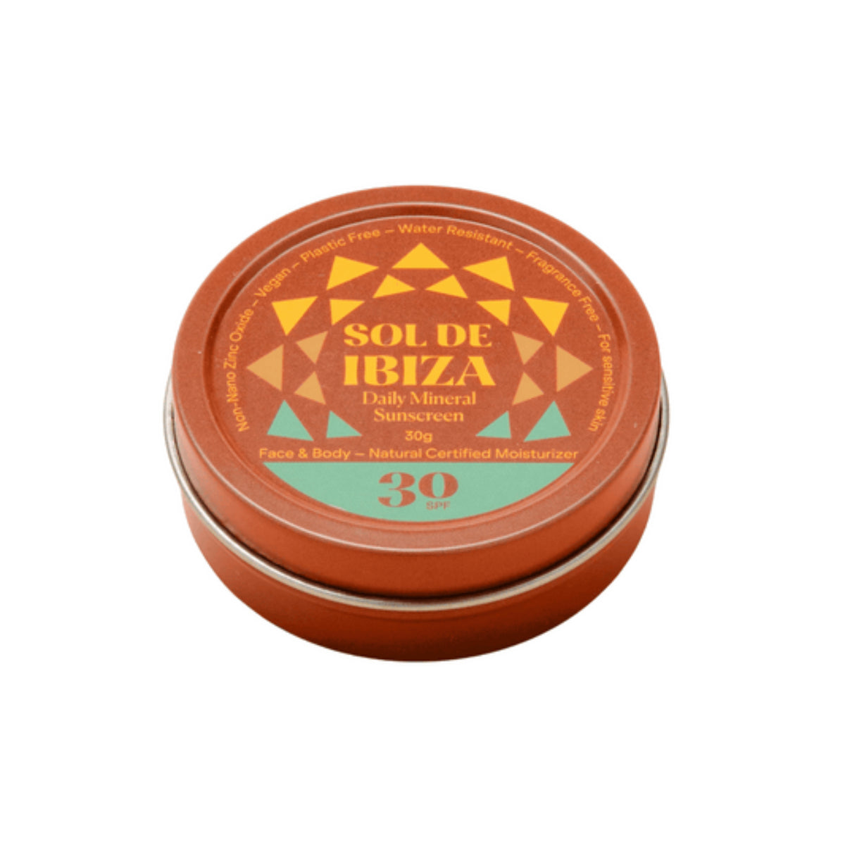 Sol De Ibiza Mineral SPF30 Mini Tin Face & Body Sunscreen 100g front packaging