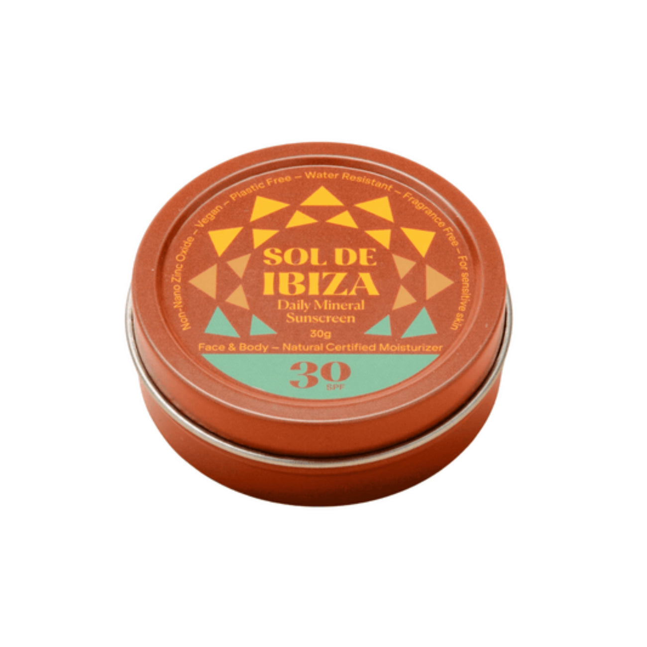 Sol De Ibiza Mineral SPF30 Mini Tin Face & Body Sunscreen 100g front packaging