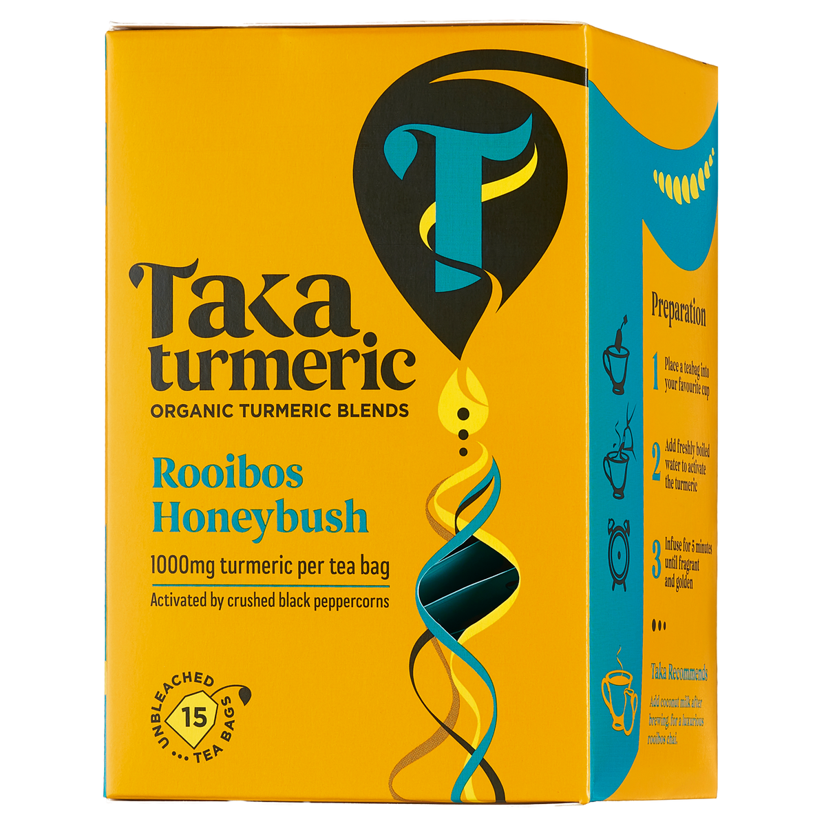 Organic Rooibos Honeybush 15 Sachets - Taka Turmeric - pack side with preparation