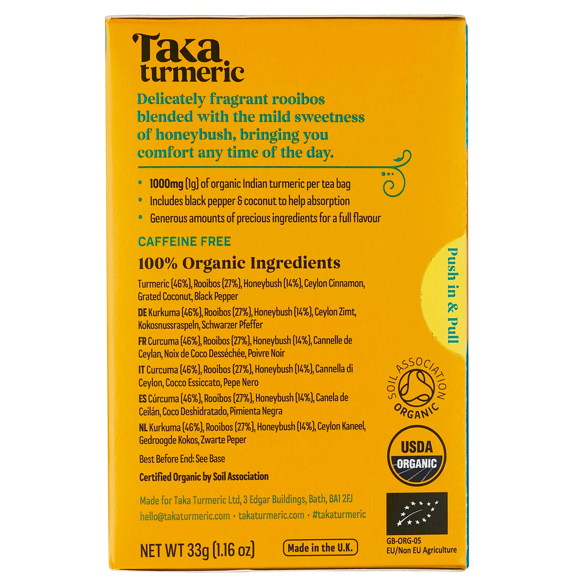 Organic Rooibos Honeybush 15 Sachets - Taka Turmeric - back of pack, ingredients and Soil Association organic certification