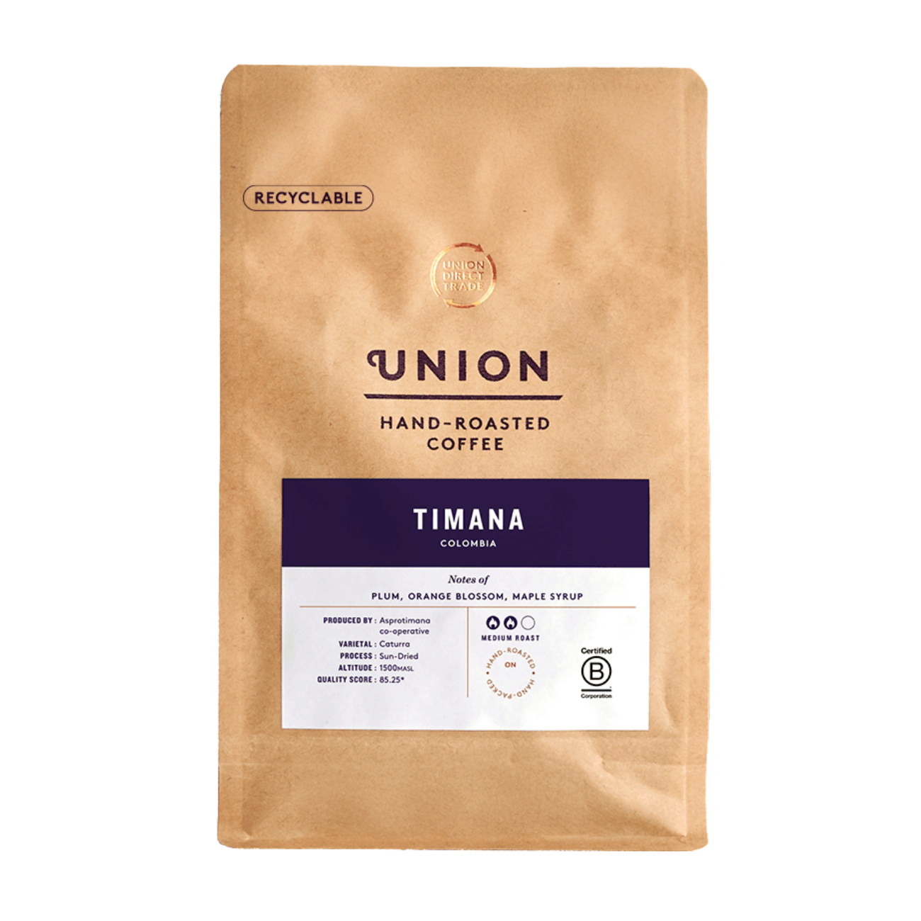 Union Roasted Coffee Timana Colombia Single Origin Cafetiere Grind 200g front packaging