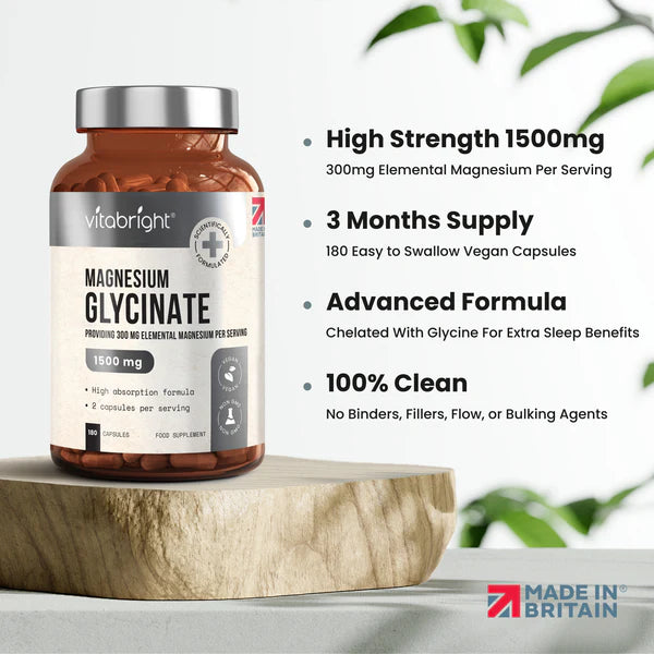 Vitabright Magnesium Glycinate 1500mg 180 Capsules — chelated, vegan, UK-made 3 months supply