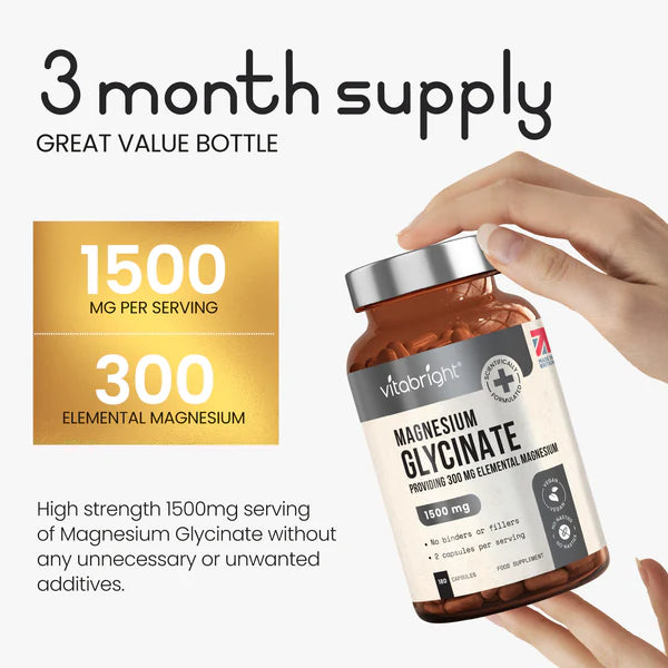 Vitabright Magnesium Glycinate 1500mg 180 Capsules 300 elemental magnesium