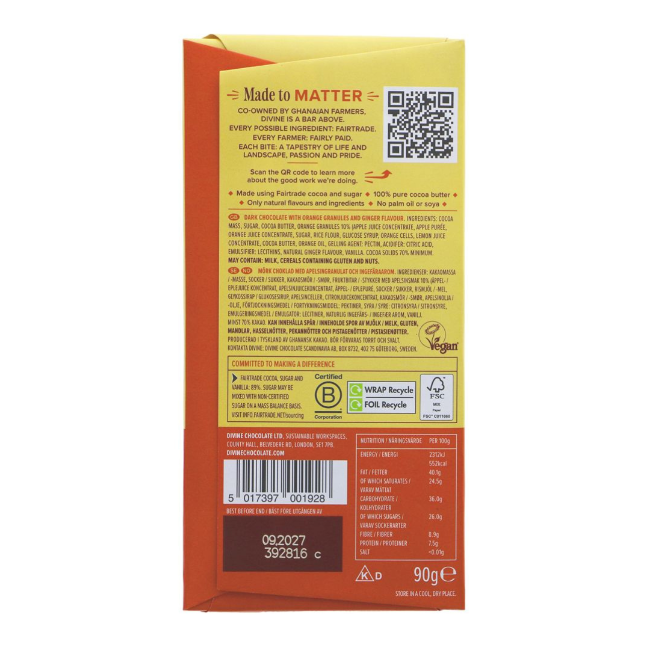 70% Dark Chocolate Ginger & Orange Bar 90g