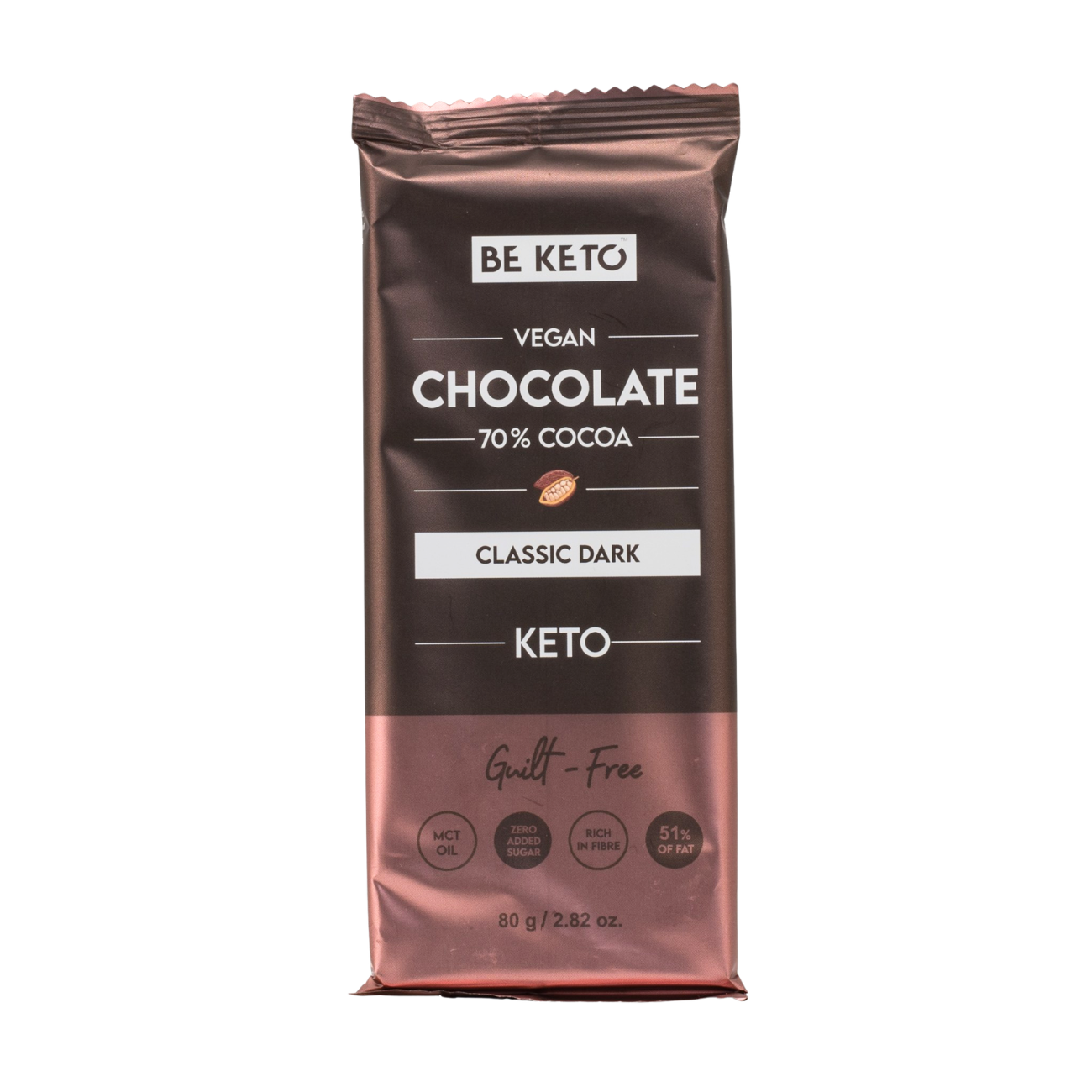 Be Keto Vegan Keto Chocolate MCT Classic Dark 80g front packaging