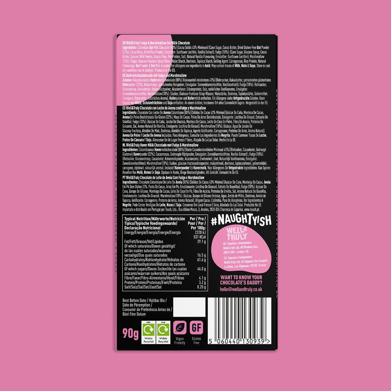 Well & Truly Fudge and Marshmallow Easter Oat M&lk Chocolate 90g back packaging