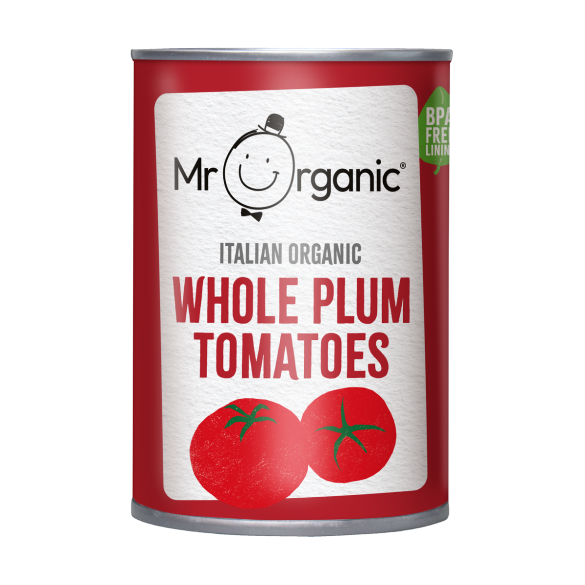 Mr Organic Whole Plum Tomato Tin 400g front packaging