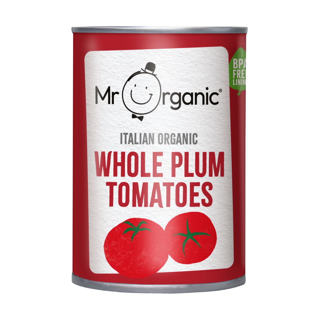 Mr Organic Whole Plum Tomato Tin 400g front packaging
