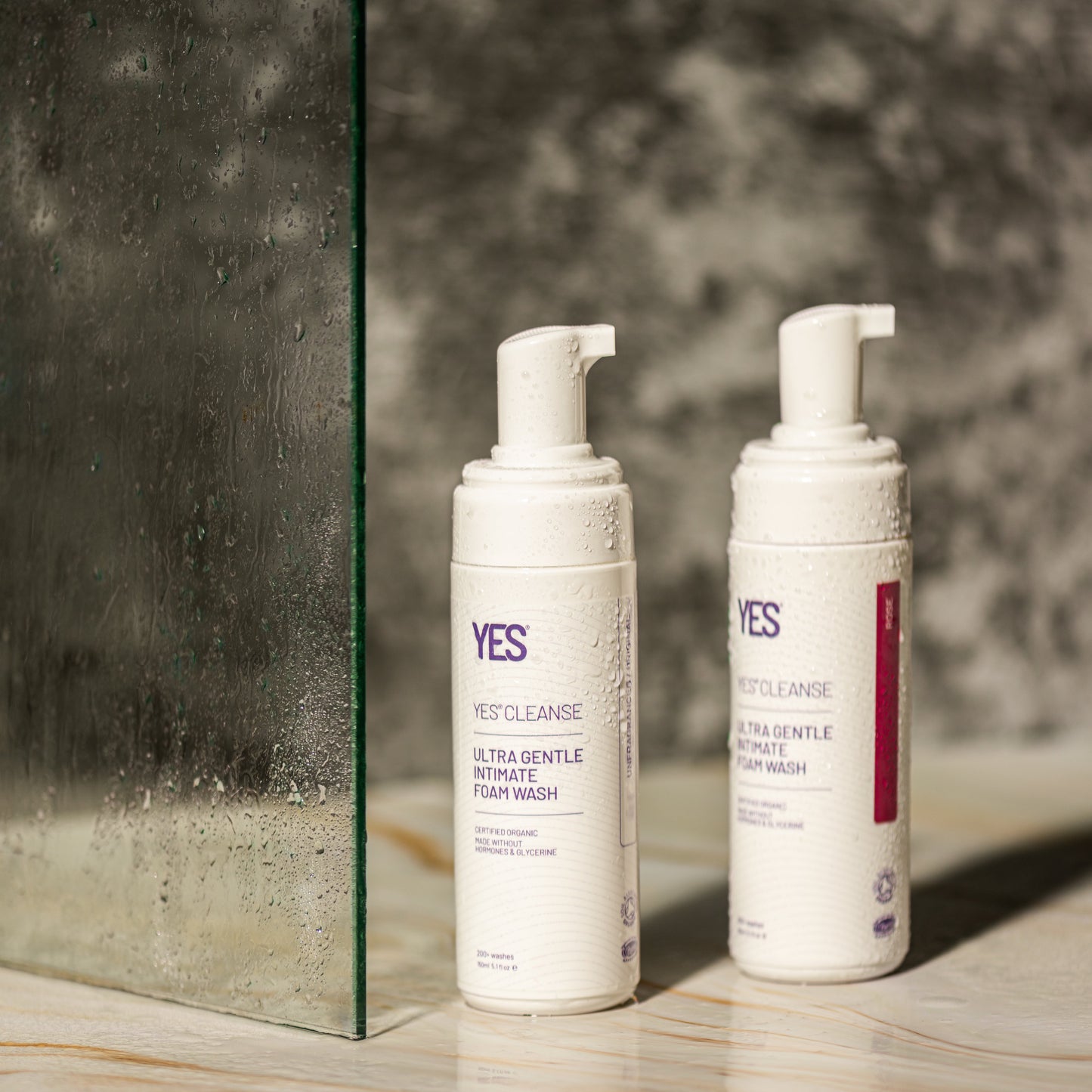 YES CLEANSE Rose and unfragranced intimate wash in shower