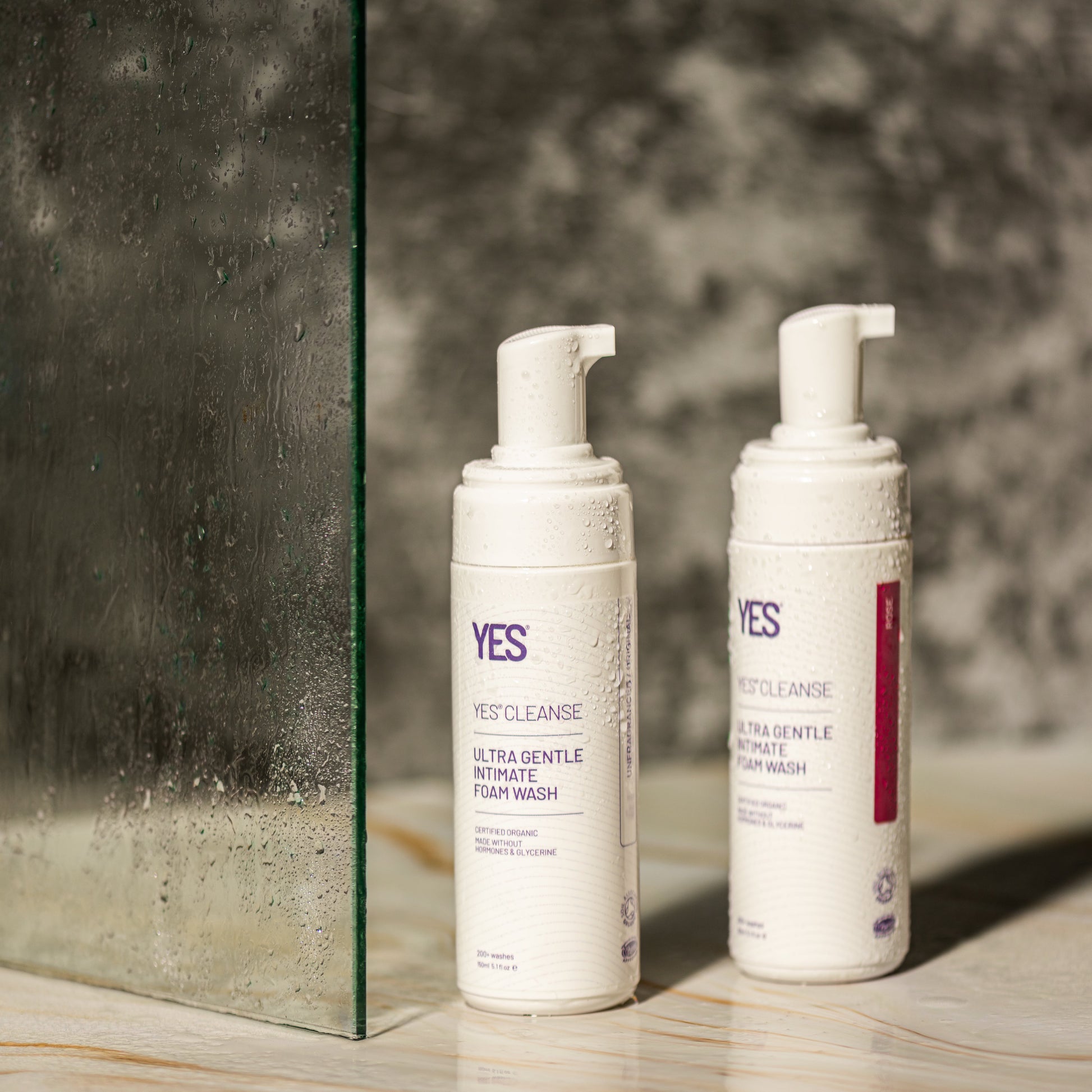 YES CLEANSE Rose and unfragranced intimate wash in shower