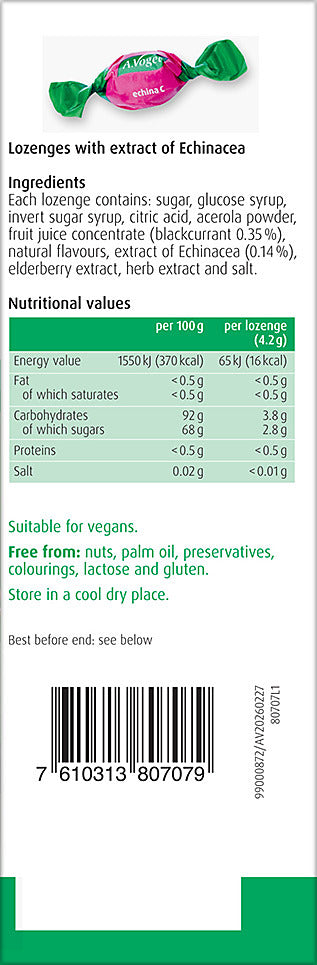 A.Vogel Echinacea Lozenges 75g pack side with ingredients and nutritional values