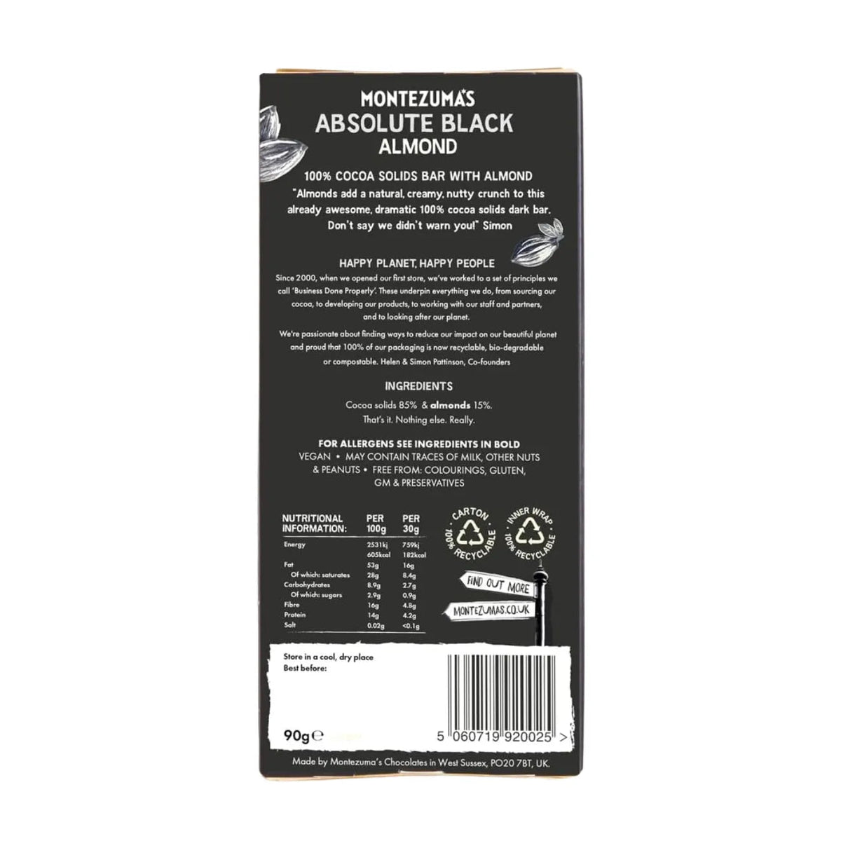 Absolute Black Chocolate 100% Cocoa with Almonds 90g - Montezumas Chocolate - Chocolate Bar - Montezumas Chocolate