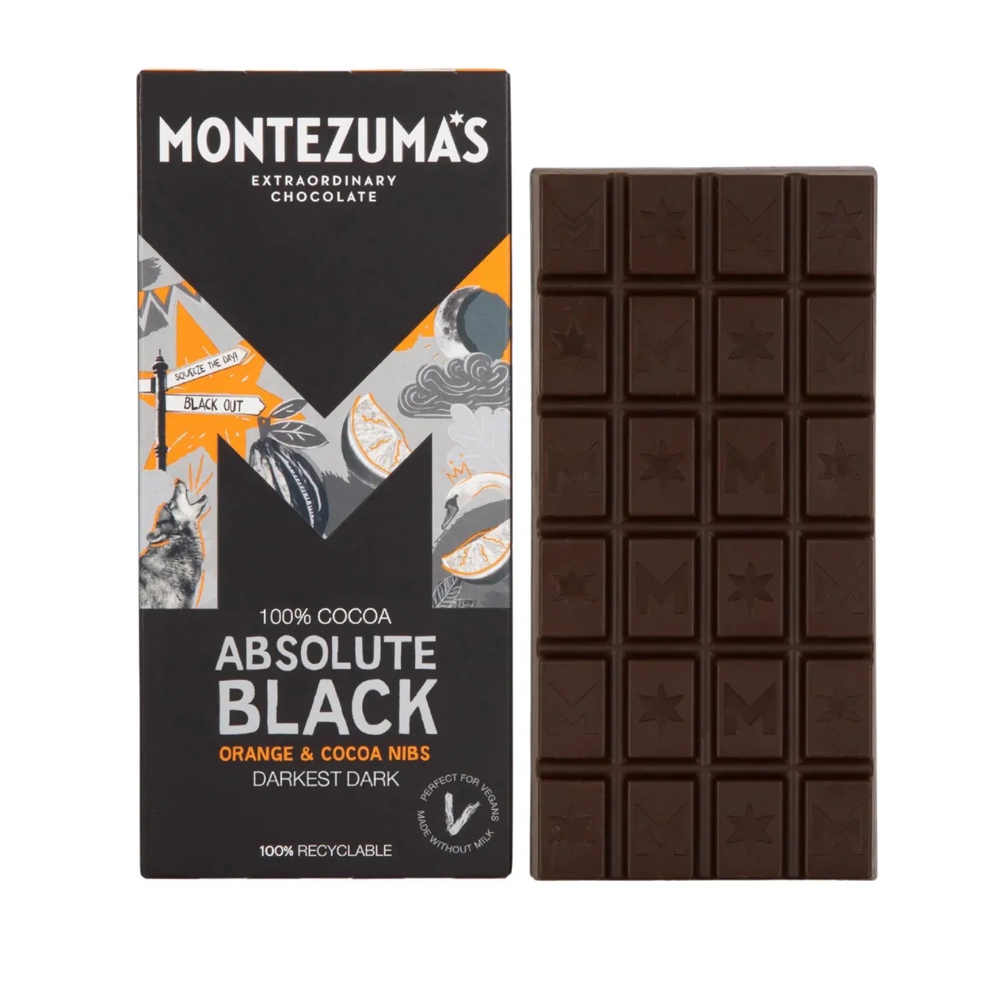 Absolute Black Chocolate 100% Cocoa with Coco Nibs and Orange 90g - Montezumas Chocolate - Chocolate Bar - Montezumas Chocolate
