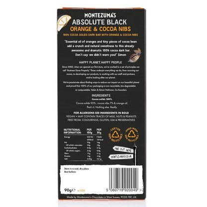 Absolute Black Chocolate 100% Cocoa with Coco Nibs and Orange 90g - Montezumas Chocolate - Chocolate Bar - Montezumas Chocolate