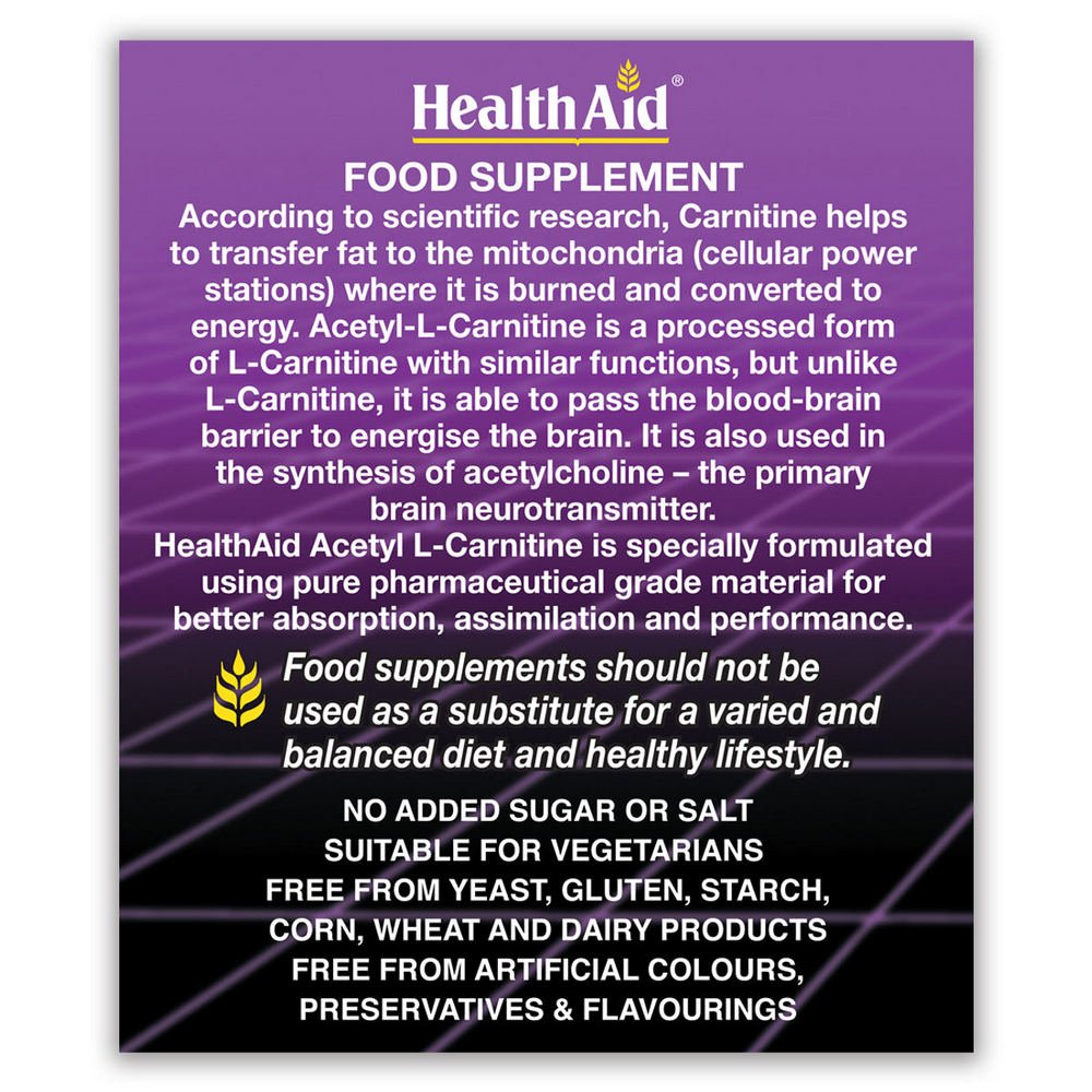 Acetyl - L - Carnitine 550mg 30 Tablets - HealthAid - Food Supplement - Eco Natural Products