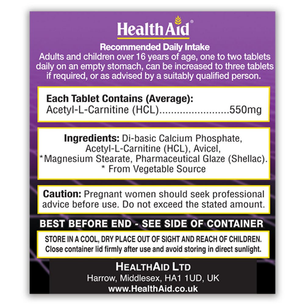 Acetyl - L - Carnitine 550mg 30 Tablets - Eco Natural Products - HealthAid - Food Supplement