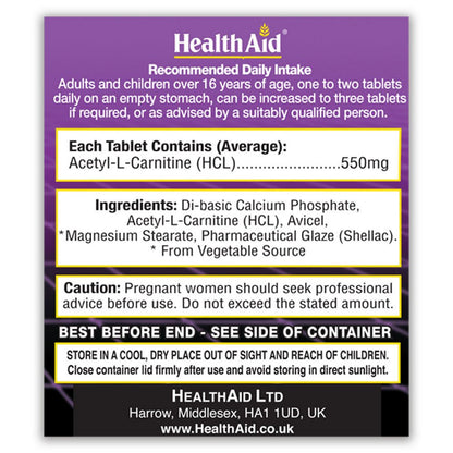 Acetyl - L - Carnitine 550mg 30 Tablets - HealthAid - Food Supplement - Eco Natural Products