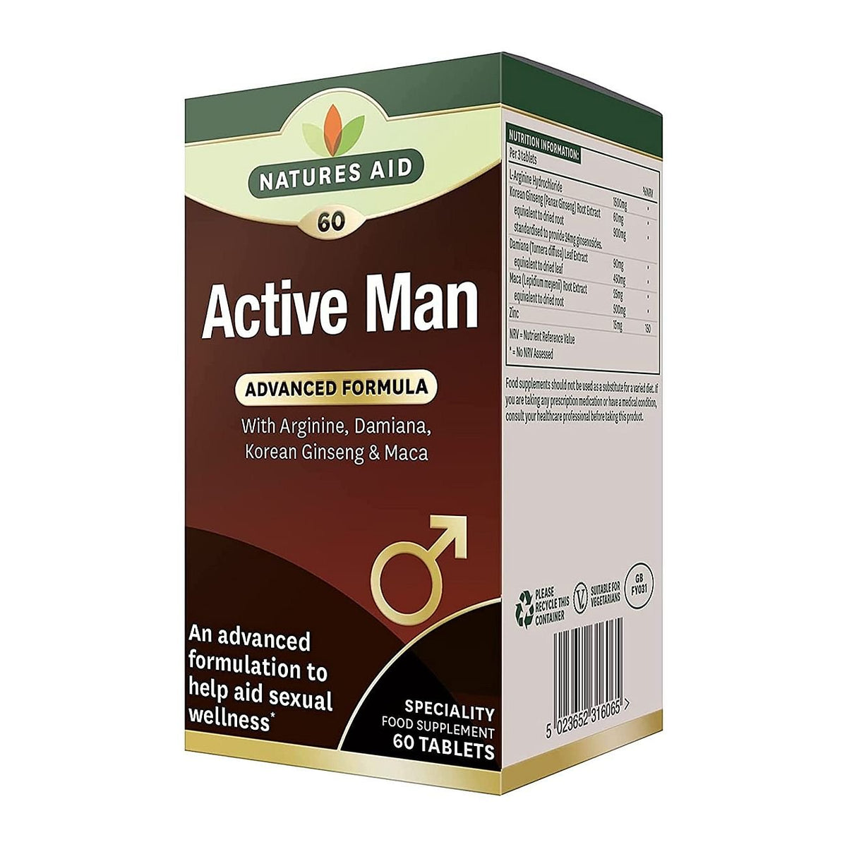 Active Man with Arginine, Korean Ginseng and Maca 60 Tablets - Natures Aid - Vitamins & Supplements - Eco Natural Products
