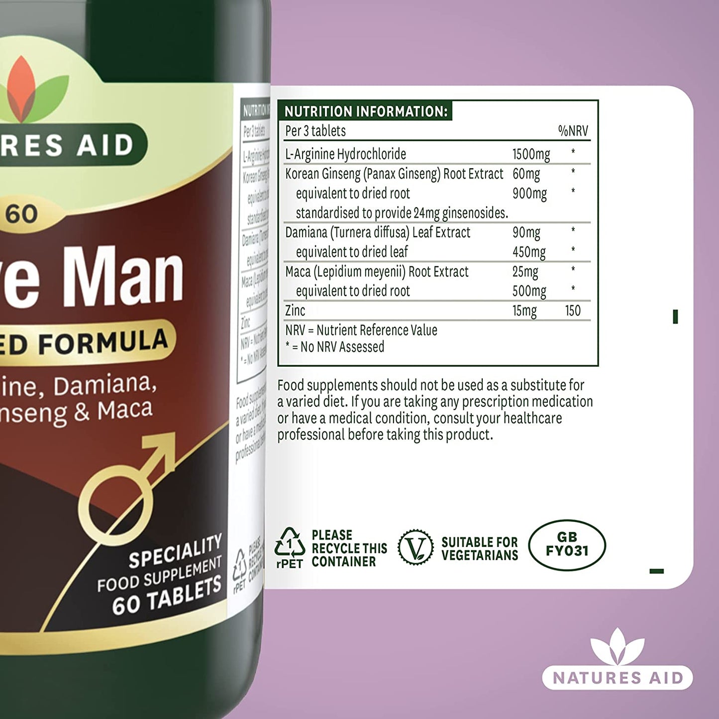 Active Man with Arginine, Korean Ginseng and Maca 60 Tablets - Natures Aid - Vitamins & Supplements - Eco Natural Products