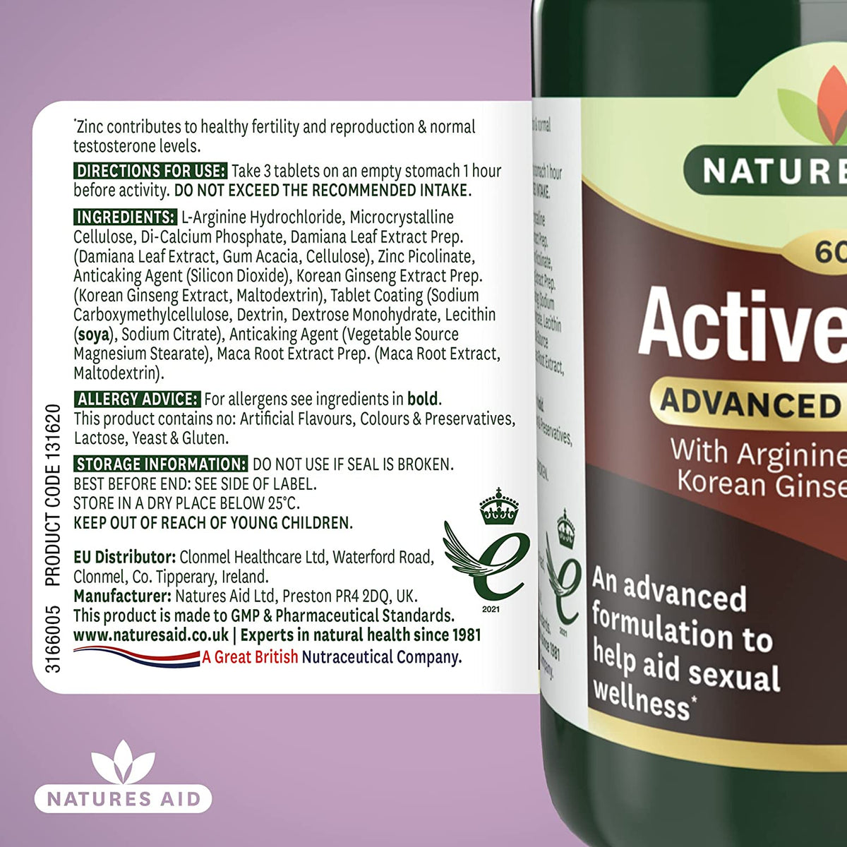Active Man with Arginine, Korean Ginseng and Maca 60 Tablets - Natures Aid - Vitamins & Supplements - Eco Natural Products