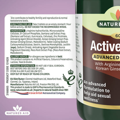 Active Man with Arginine, Korean Ginseng and Maca 60 Tablets - Natures Aid - Vitamins & Supplements - Eco Natural Products