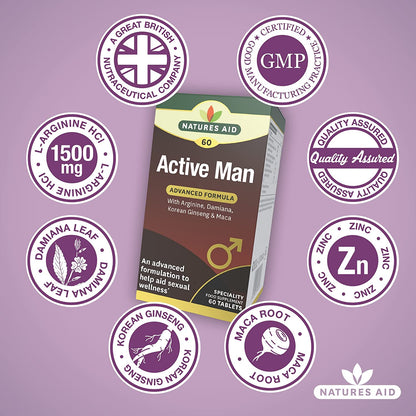 Active Man with Arginine, Korean Ginseng and Maca 60 Tablets - Natures Aid - Vitamins & Supplements - Eco Natural Products
