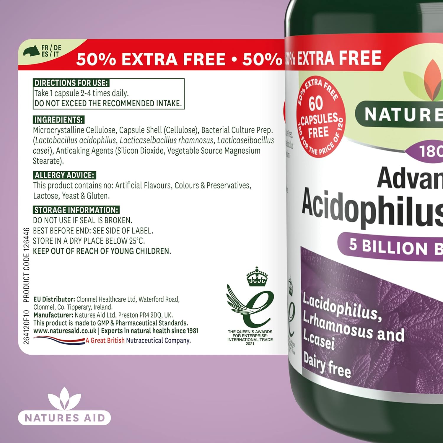 Advanced Acidophilus Complex 5 Billion Bacteria 180 Capsules - Natures Aid - Vitamins & Supplements - Eco Natural Products