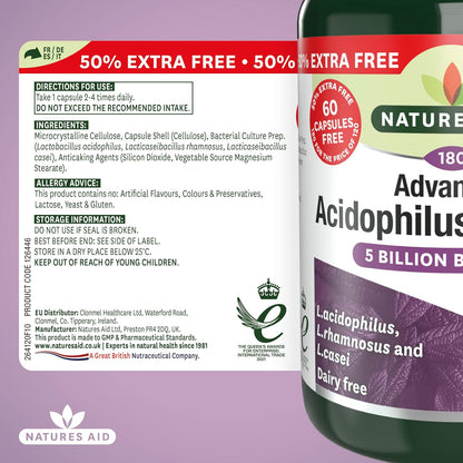 Advanced Acidophilus Complex 5 Billion Bacteria 180 Capsules - Natures Aid - Vitamins & Supplements - Eco Natural Products