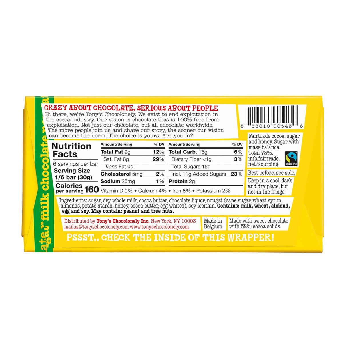 Almond Honey Nougat Milk Chocolate Bar 180g - Tony's Chocolonely - Chocolate Bar - Eco Natural Products