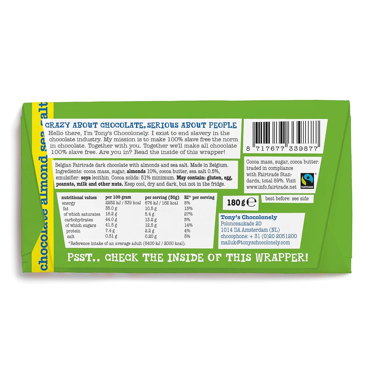 Almond Salt Dark Chocolate Bar 180g - Tony's Chocolonely - Chocolate Bar - Eco Natural Products