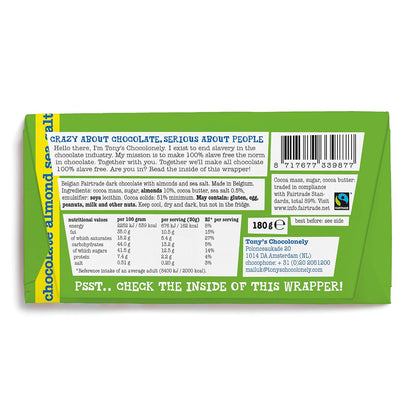 Almond Salt Dark Chocolate Bar 180g - Tony's Chocolonely - Chocolate Bar - Eco Natural Products