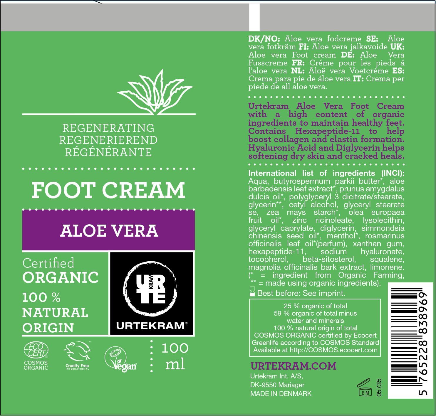 Aloe Vera Foot Cream Cream 100ml - Eco Natural Products - Urtekram - Foot Cream