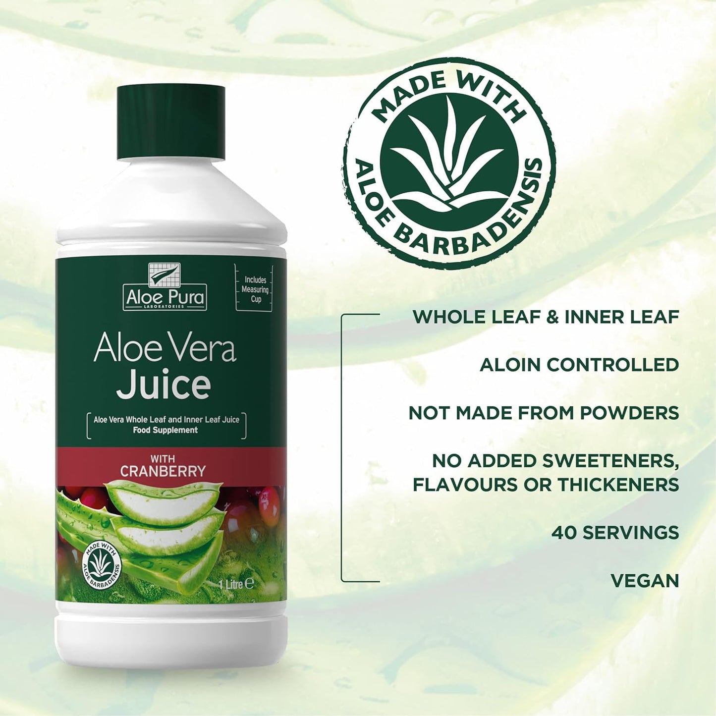 Aloe Vera Juice Cranberry 1L - Aloe Pura - Liquid Food Supplement - Eco Natural Products