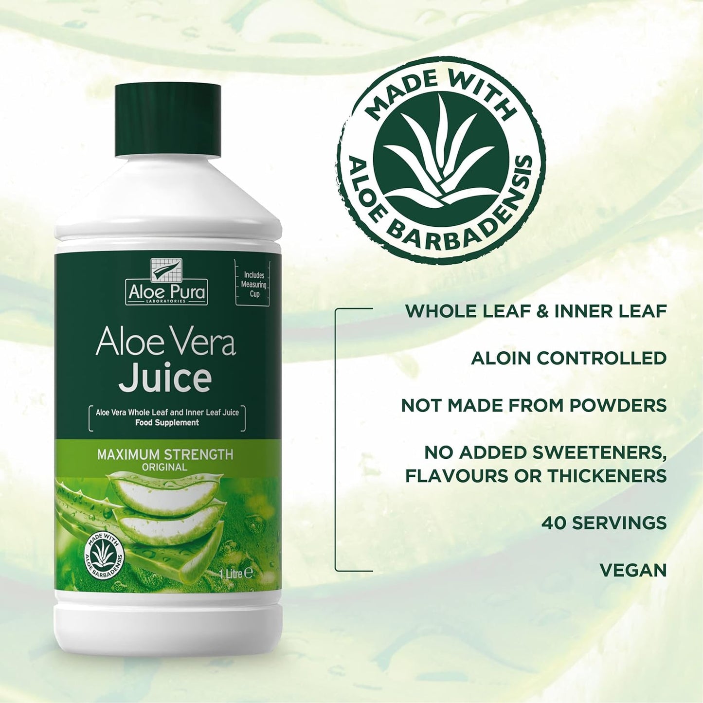 Aloe Vera Maximum Strength Juice 1L - Aloe Pura - Liquid Food Supplement - Eco Natural Products