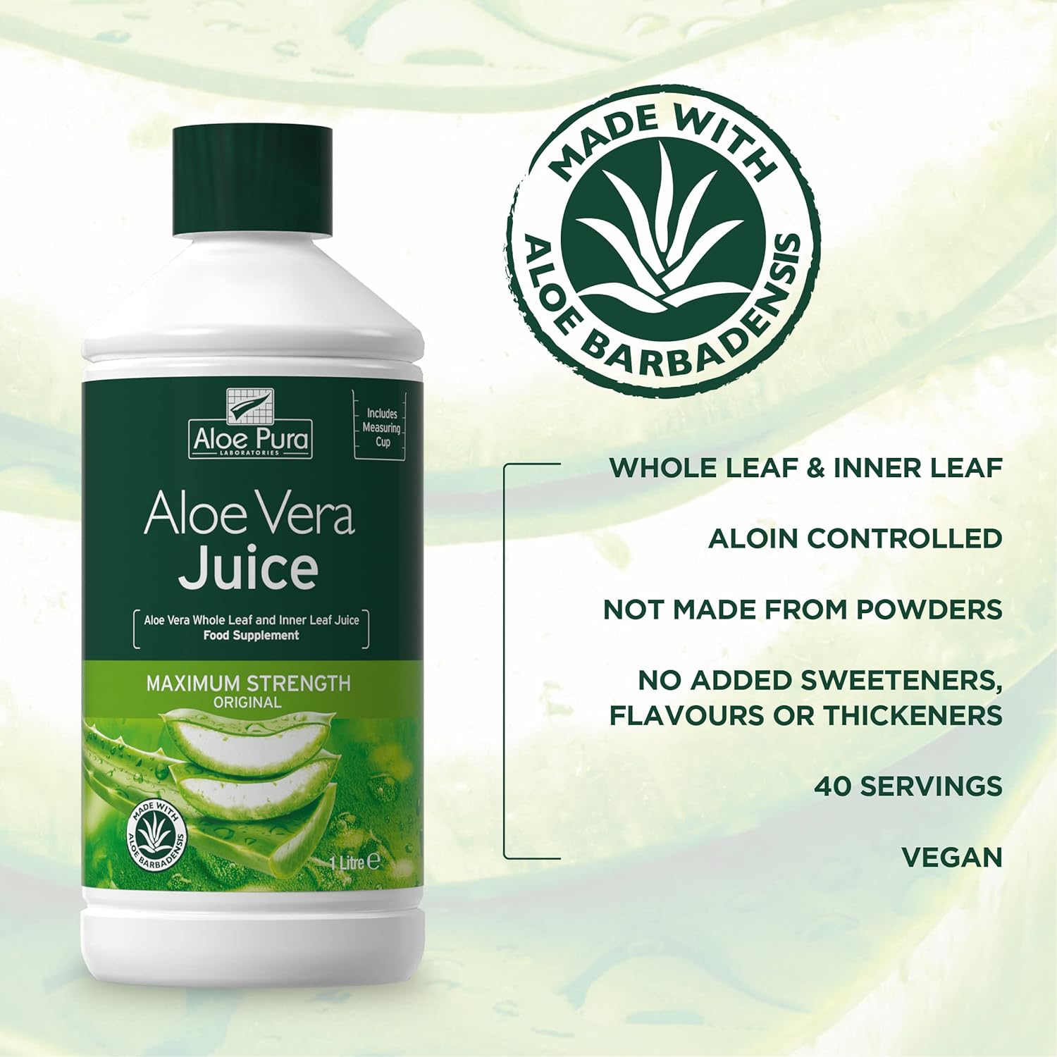 Aloe Vera Maximum Strength Juice 1L - Aloe Pura - Liquid Food Supplement - Eco Natural Products
