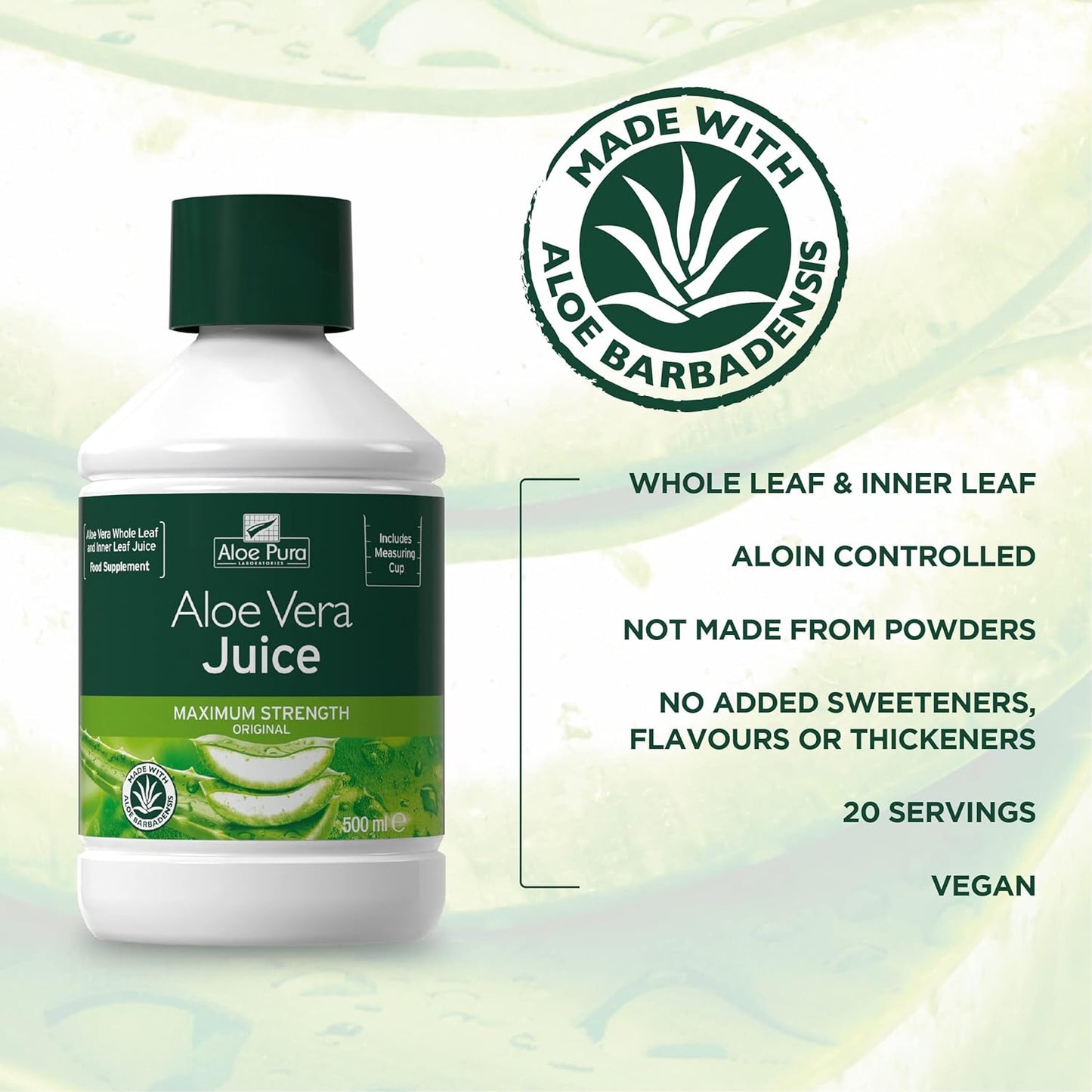 Aloe Vera Maximum Strength Juice 500ml - Aloe Pura - Liquid Food Supplement - Eco Natural Products