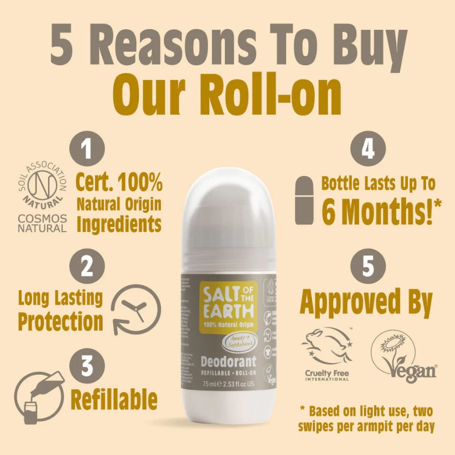 Amber and Sandalwood Refillable Roll - On Deodorant 75ml - Salt Of the Earth - Deodorants - Eco Natural Products