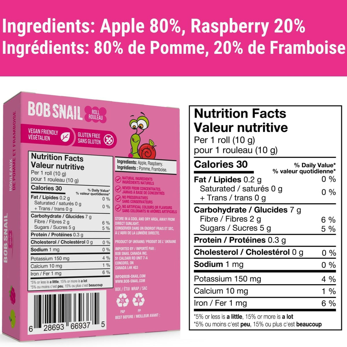 Apple - Raspberry Fruit Rolls 100g - Bob Snail - Fruit Snacks - Eco Natural Products