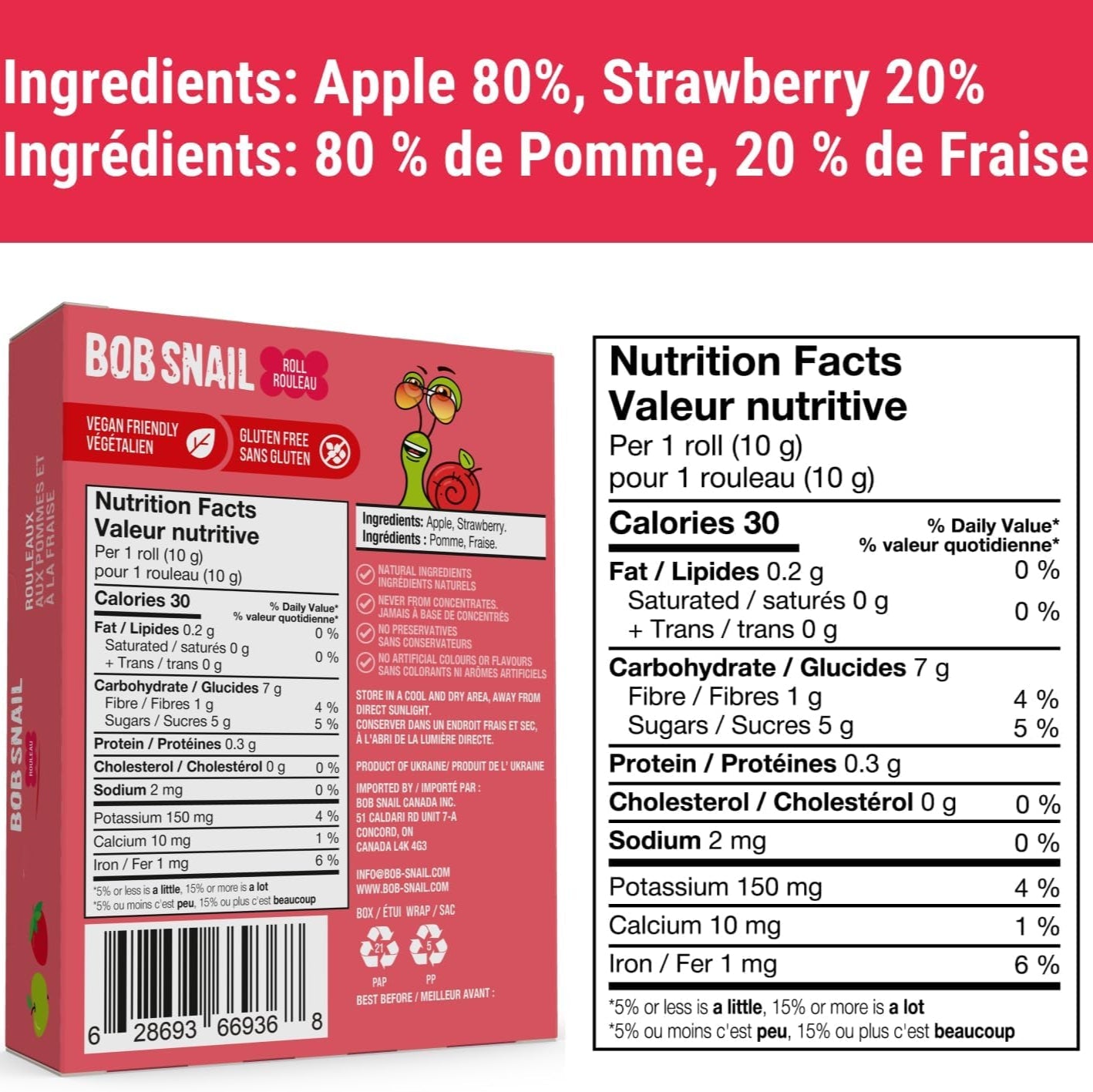 Apple - Strawberry Fruit Rolls 100g - Bob Snail - Fruit Snacks - Eco Natural Products