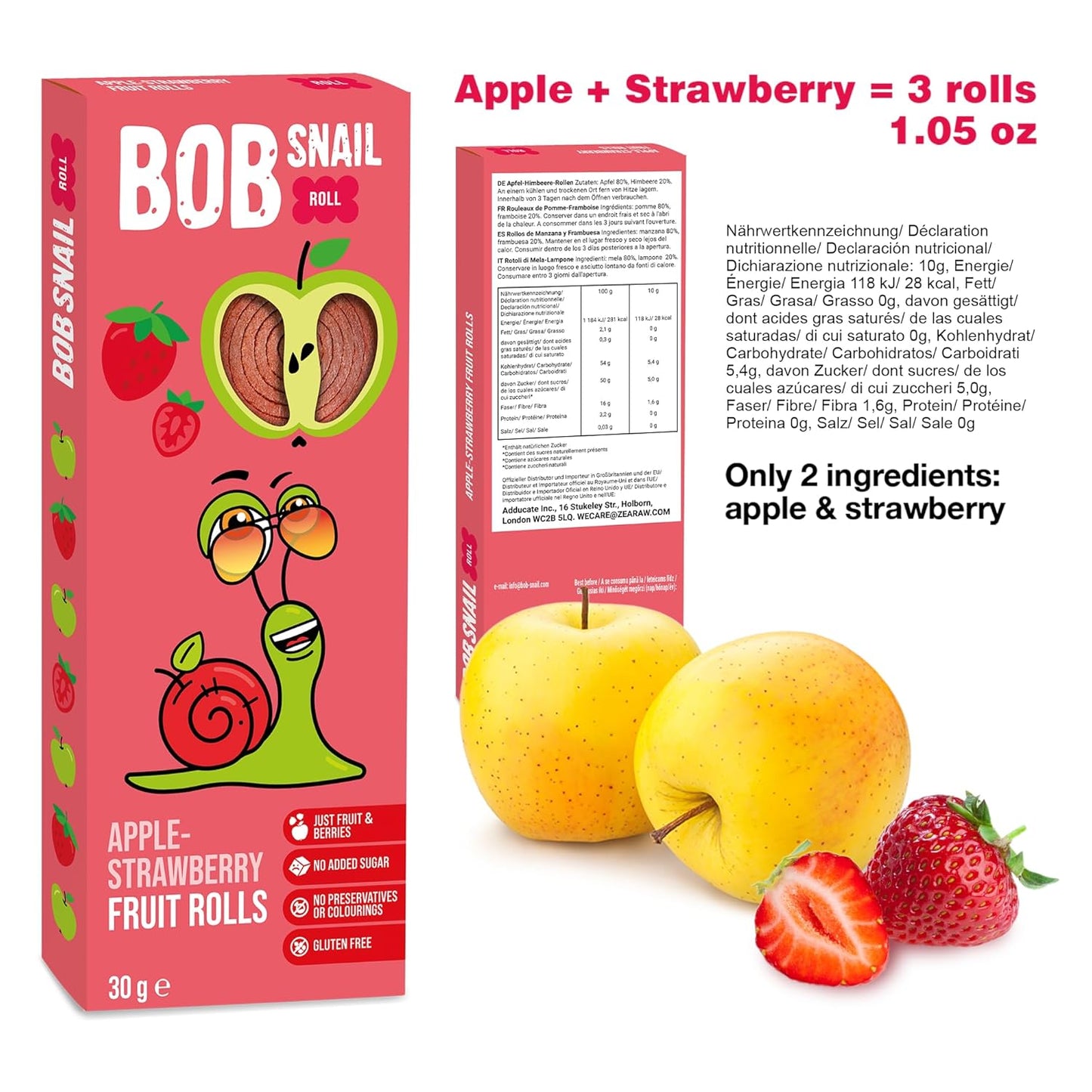 Apple - Strawberry Fruit Rolls 30g - Bob Snail - Fruit Snacks - Eco Natural Products