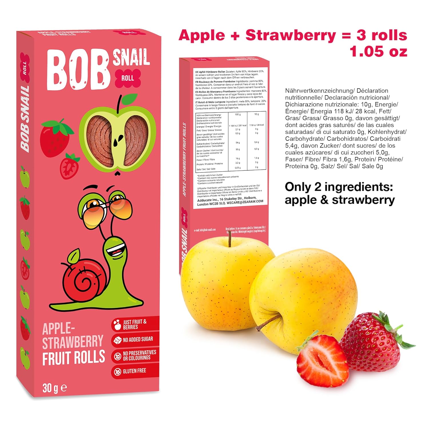 Apple - Strawberry Fruit Rolls 30g - Bob Snail - Fruit Snacks - Eco Natural Products