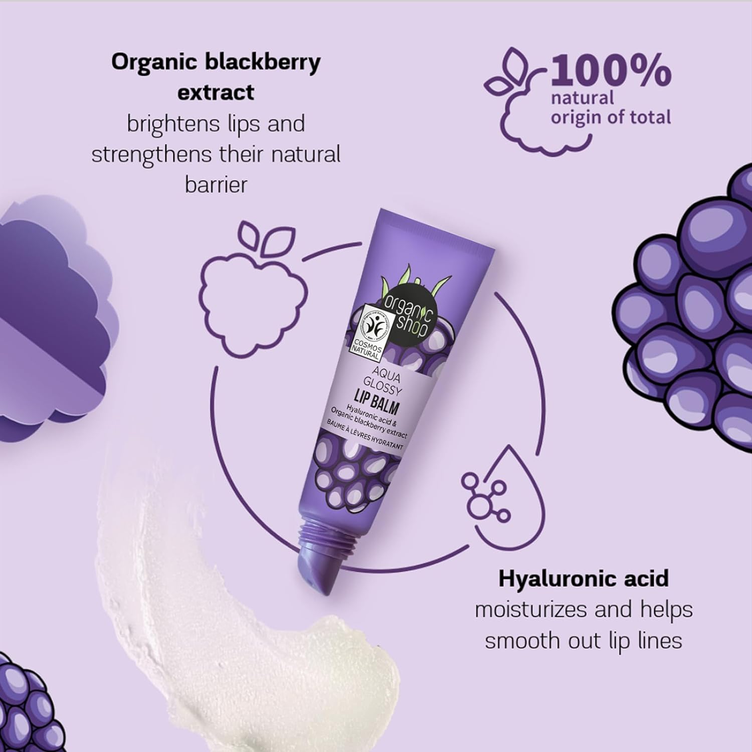 Aqua Glossy Hyaluronic Acid & Blackberry Extract Lip Balm 10ml - Organic Shop - Lip Balms - Organic Shop